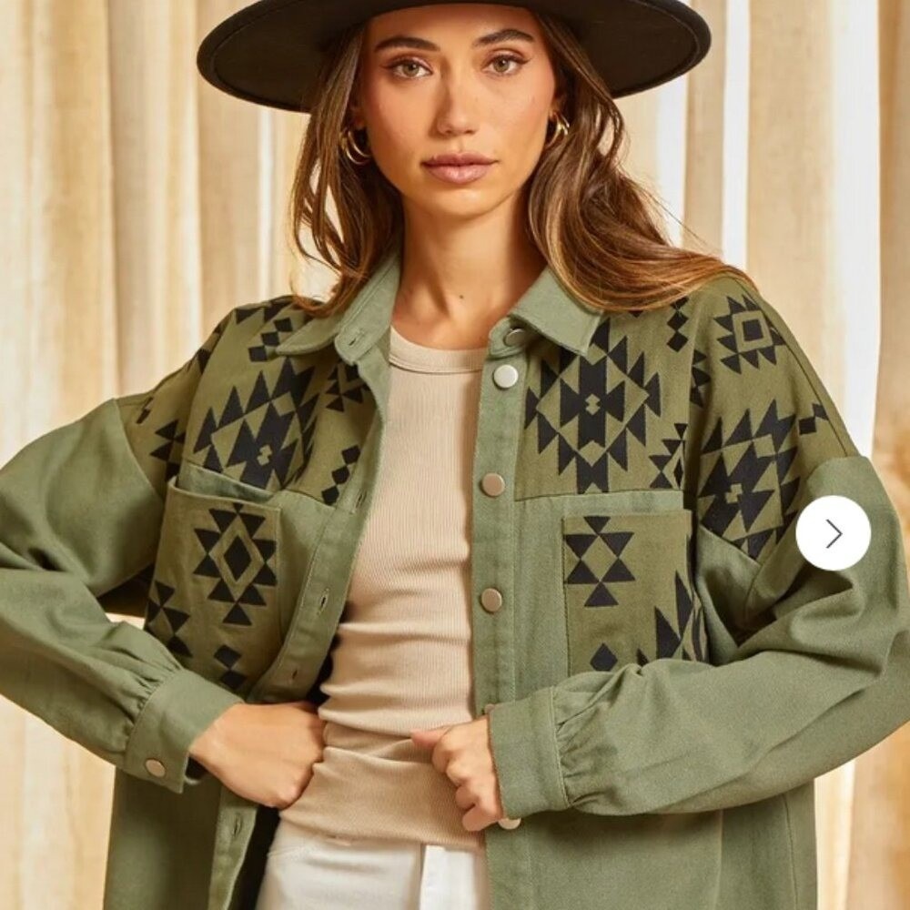 Savanna Jane Shackleton, NWT, Native, Olive Denim, Aztec, Southwest,, Boho,